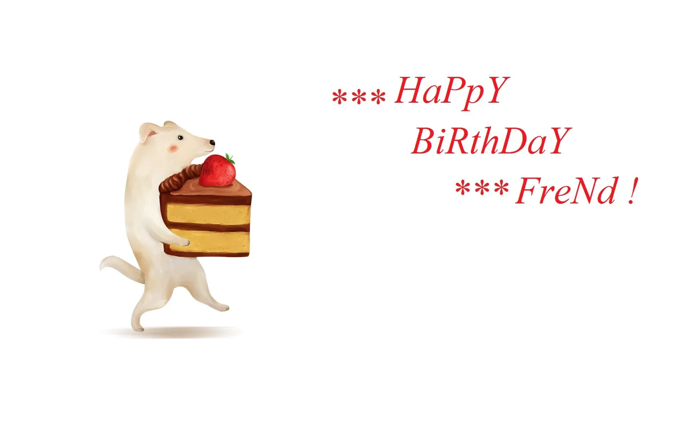 Фото обои щенок, белый фон, поздравление, happy birthday, кусок торта, клубничный торт