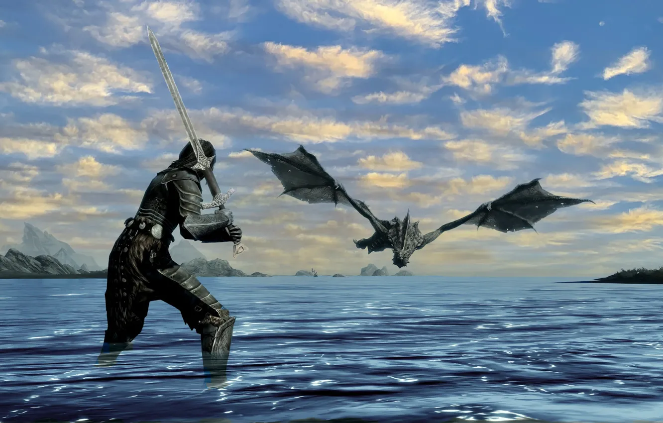 Фото обои озеро, дракон, полдень, The Elder Scrolls 5 Skyrim, Довакин