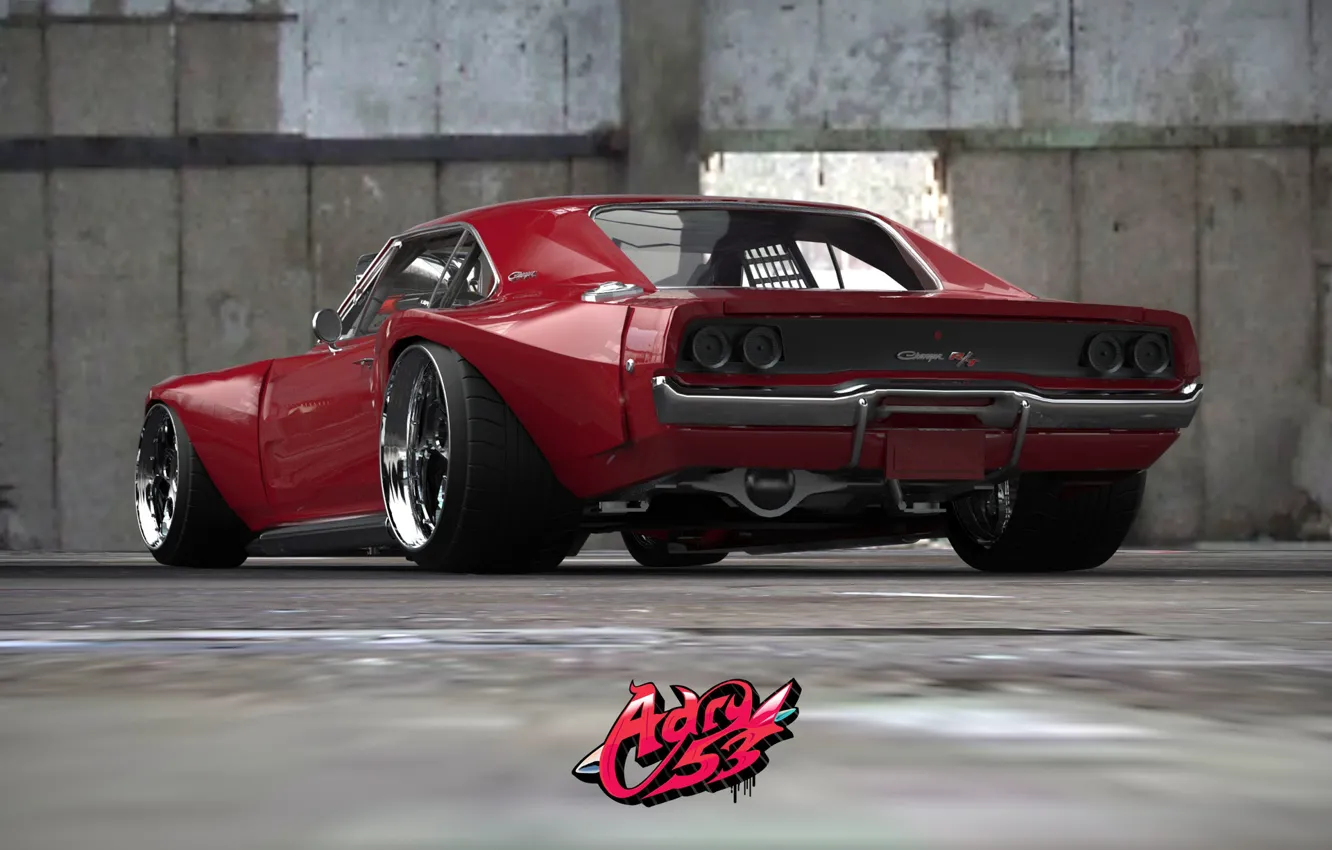 Фото обои Красный, Авто, Машина, Dodge, Red, Charger, Рендеринг, R/T