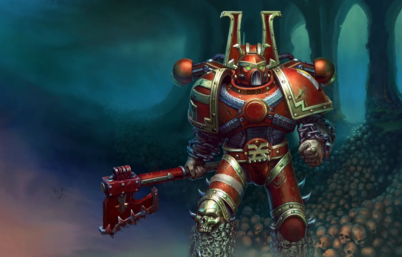 Фото обои axe, skull, berserker, Warhammer 40 000, Khorne, chaos space marine