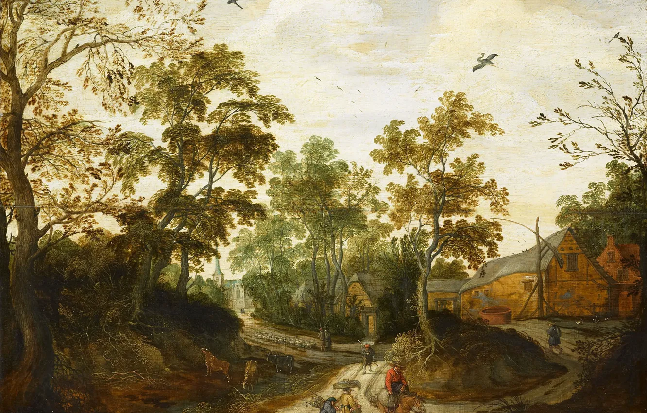 Фото обои пейзаж, масло, картина, 1623, Willem van den Bundel, Окраина деревни
