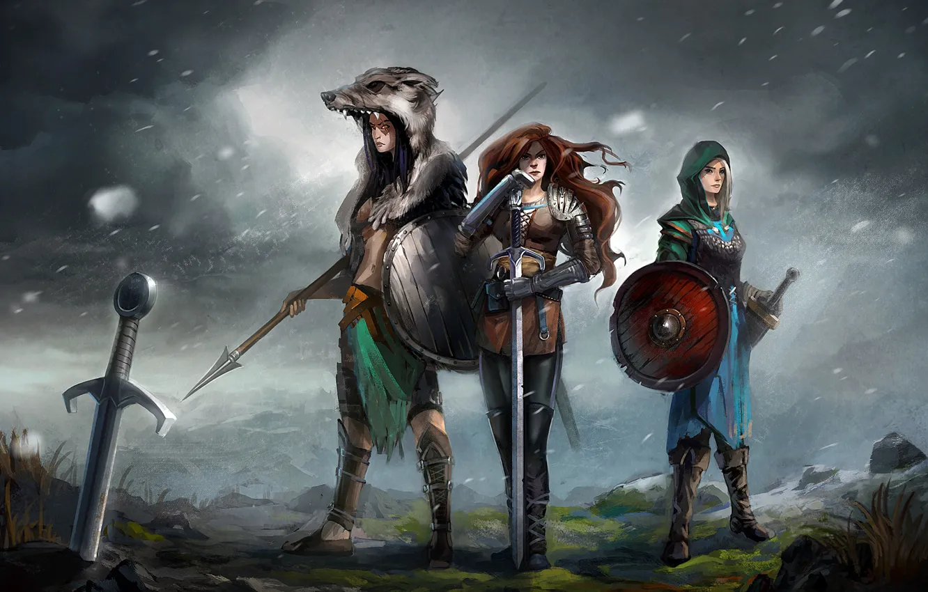 Фото обои оружие, девушки, ветер, меч, арт, шкура, копье, щит