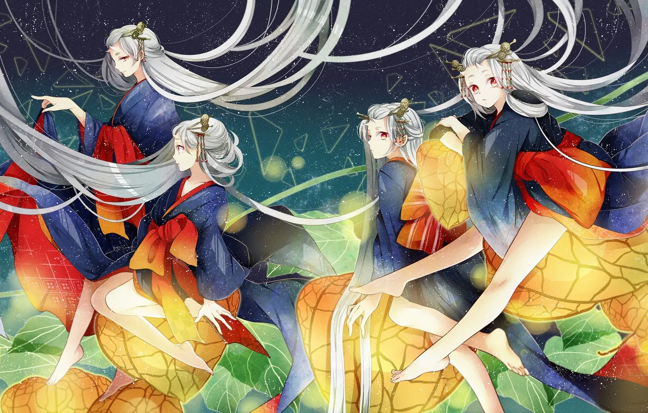 Фото обои небо, звезды, девушки, волосы, аниме, арт, кимоно, kanasuke