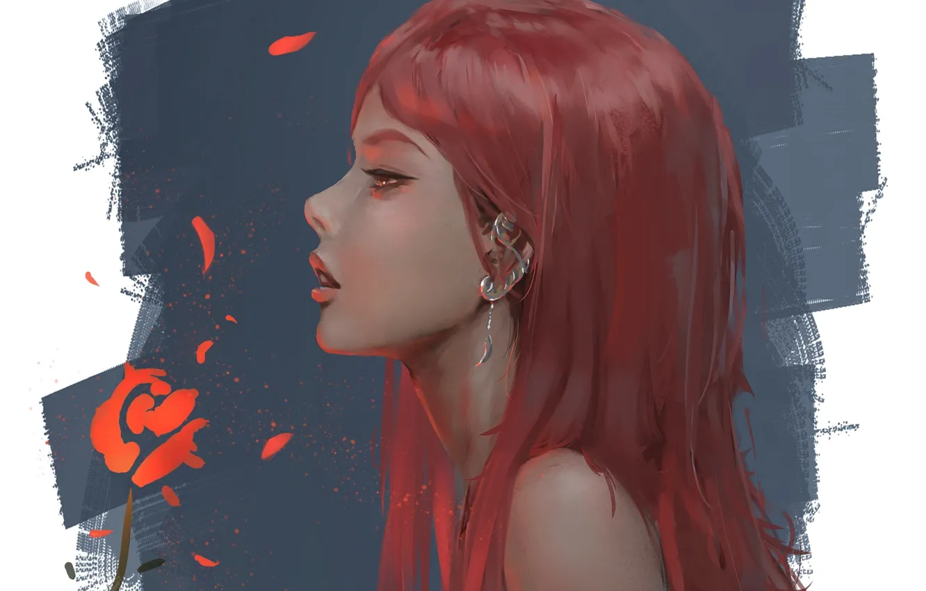 Фото обои пирсинг, серёжка, красные волосы, в профиль, Leina, портрет девушки, Ghost Blade, шея плечи