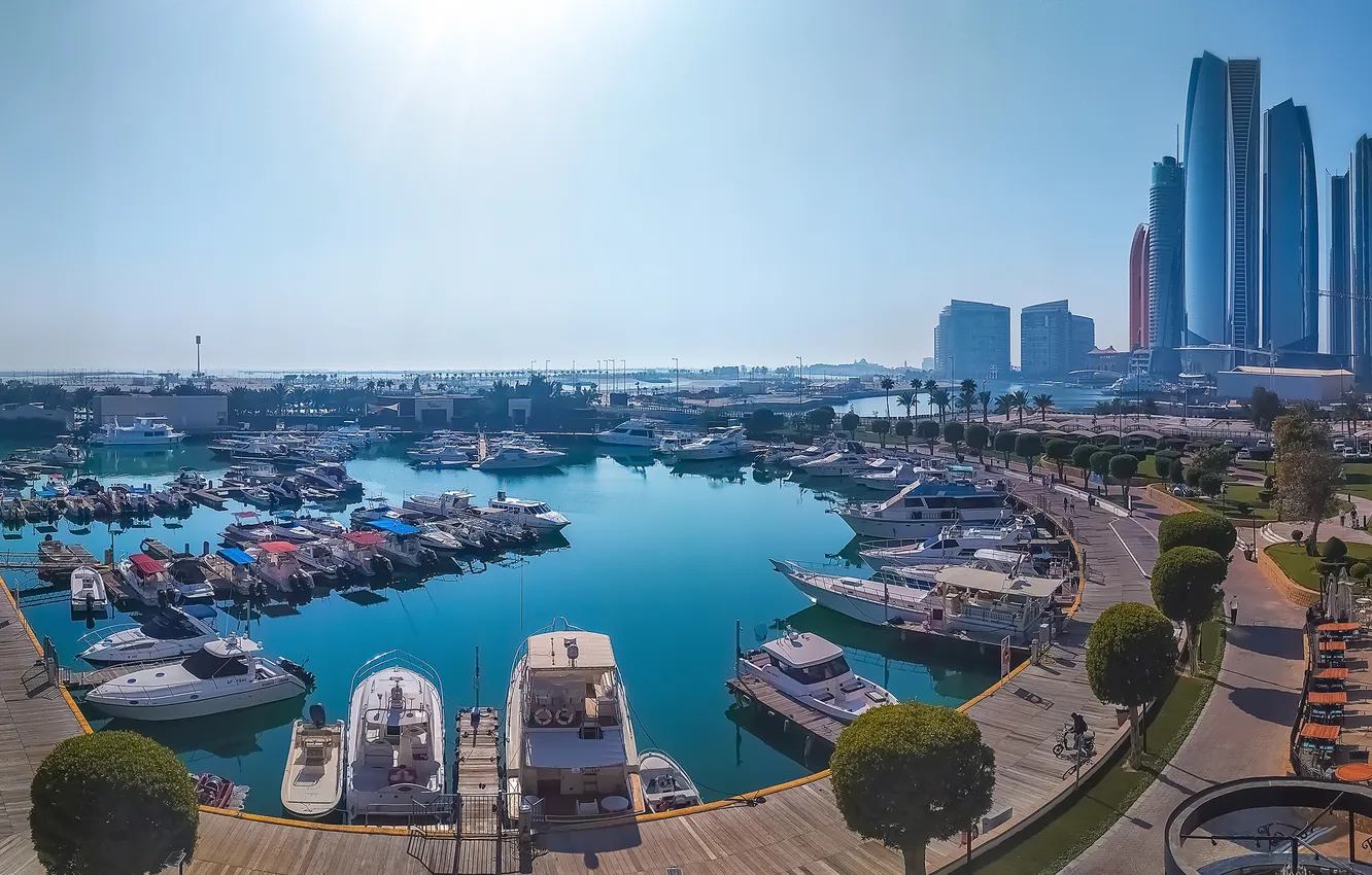 Фото обои здания, бухта, яхты, причал, Дубай, катера, Dubai, небоскрёбы