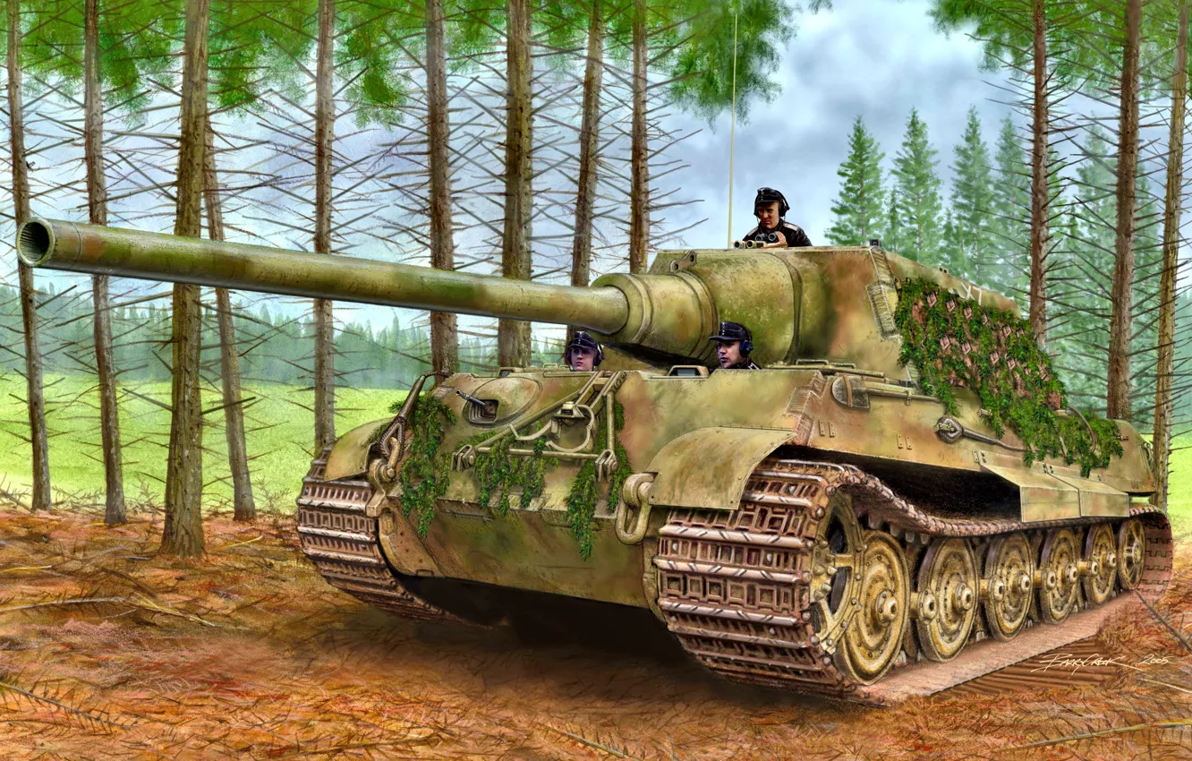 Фото обои лес, самоходная артиллерийская установка, тяжёлая, Ягдтигр, Германская, ветки деревьев, класса истребителей танков, для маскировки