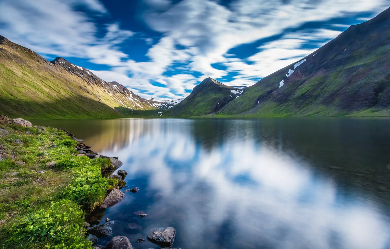 Фото обои небо, облака, горы, озеро, отражение, Исландия, Iceland, Akureyri