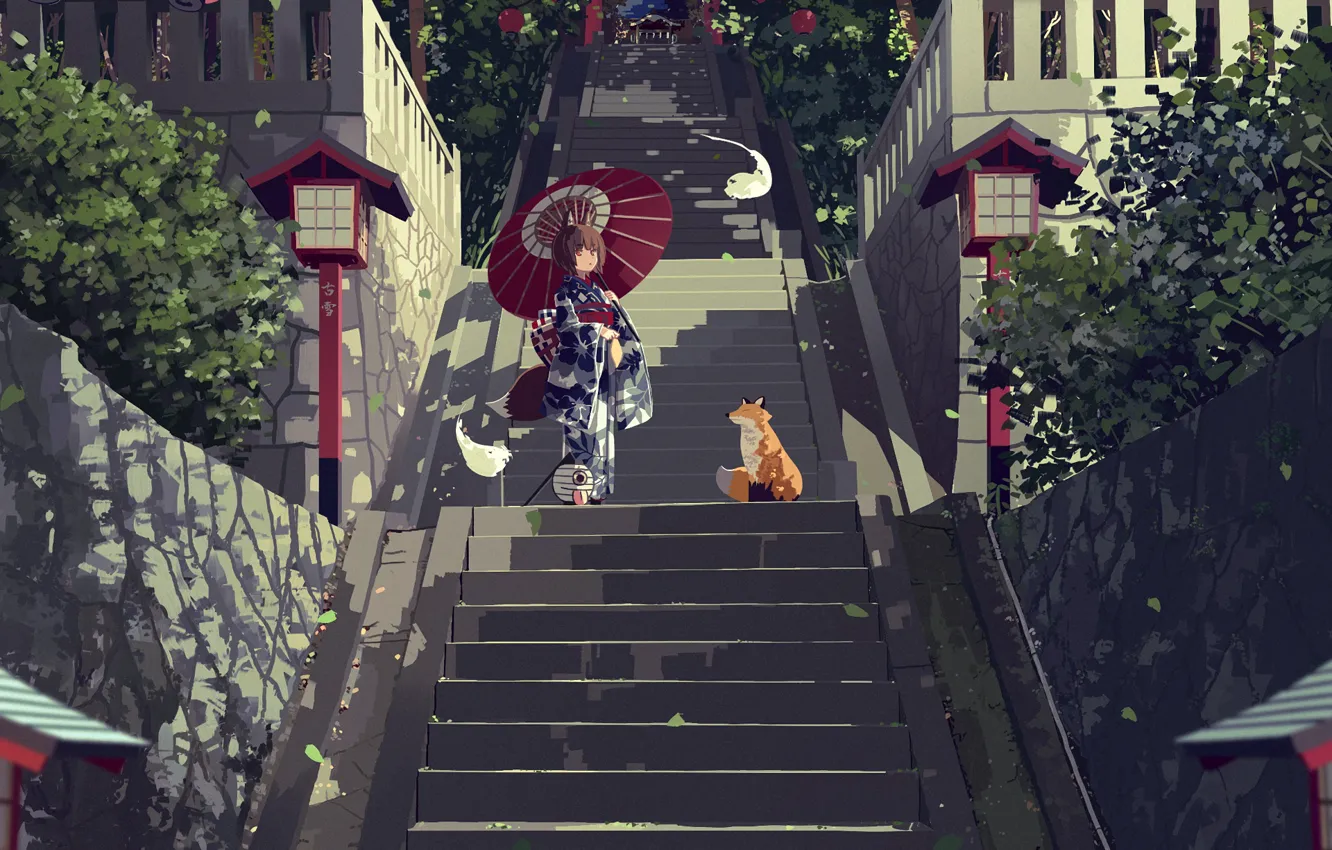 Фото обои аниме, лиса, лестница, девочка