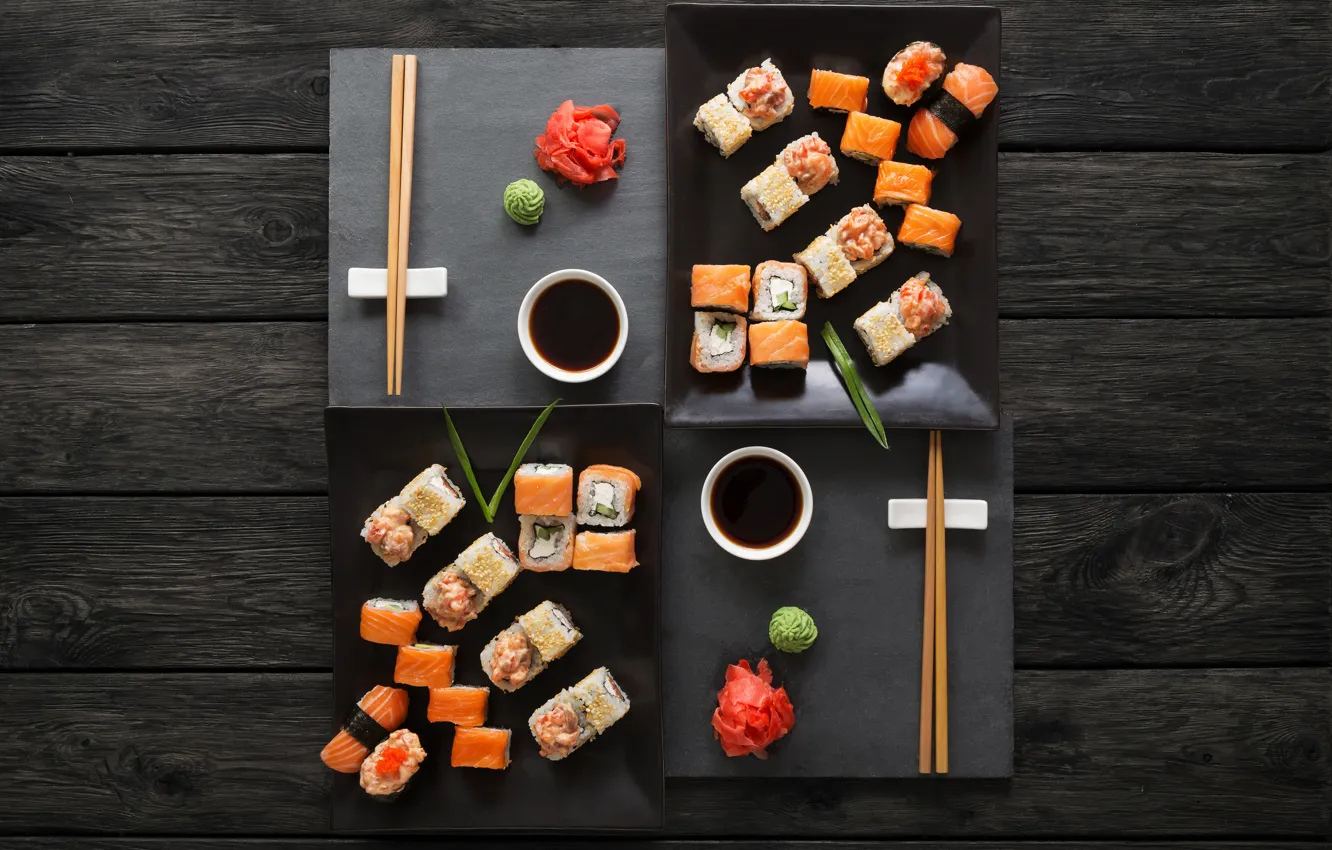 Фото обои палочки, соус, sushi, суши, роллы, имбирь, set, вассаби