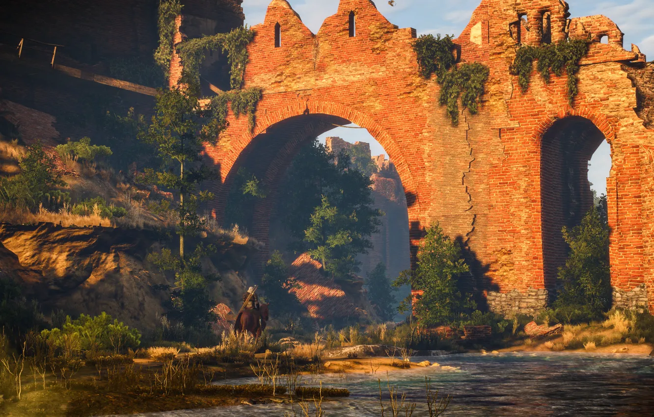 Фото обои крепость, геральт, The Witcher 3: Wild Hunt, Ведьмак 3: Дикая Охота, белый сад