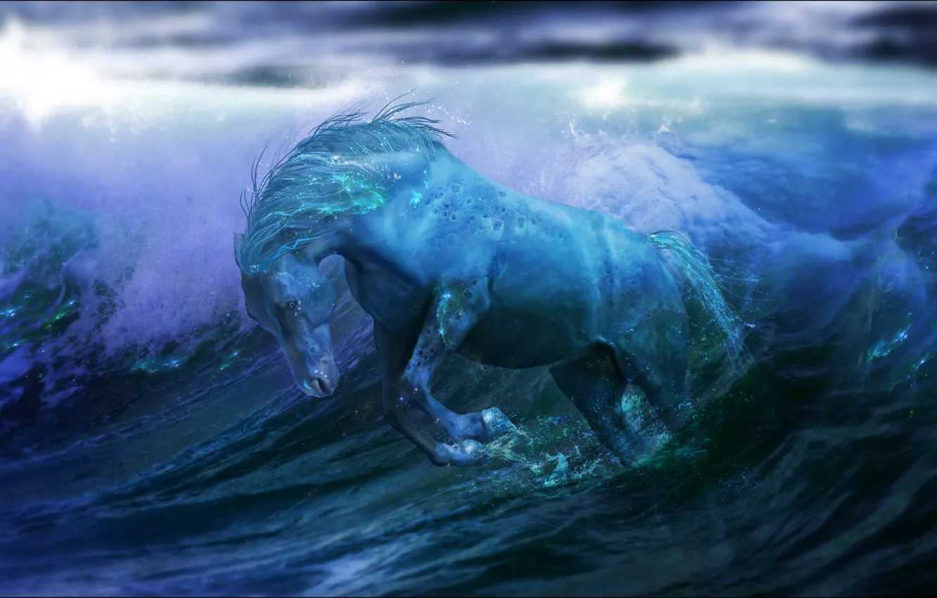 Фото обои волны, вода, фантастика, океан, лошадь, fantasy, ocean, water