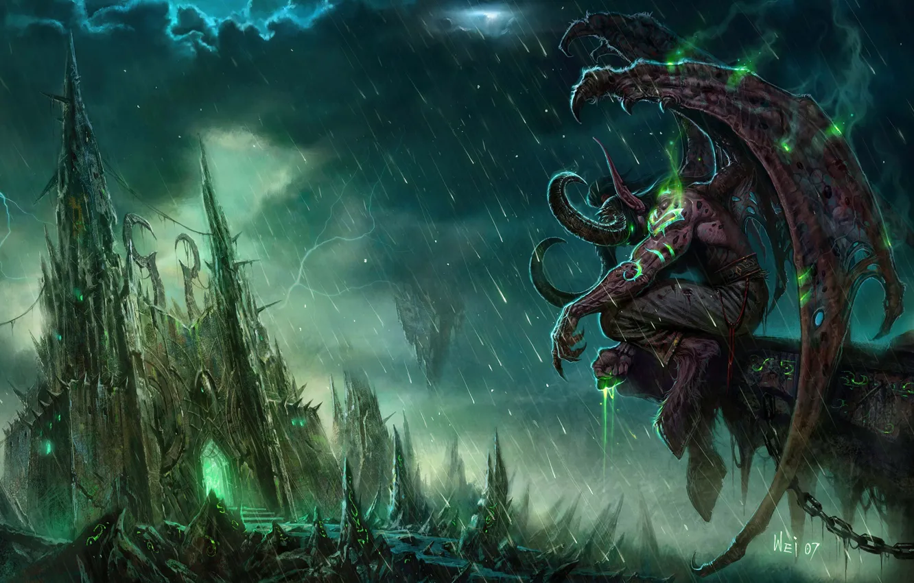 Фото обои замок, дождь, монстр, World of Warcraft, Illidan, WOW