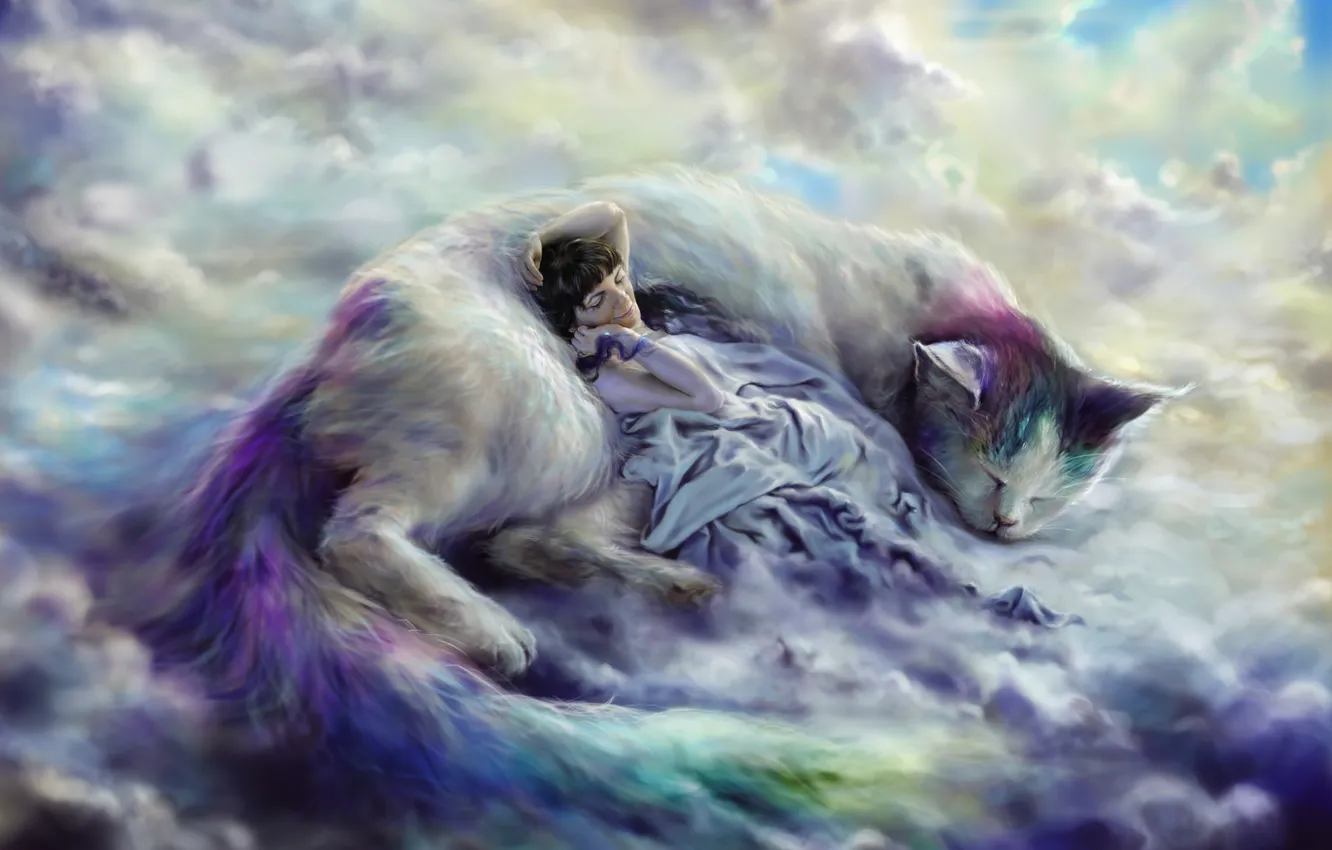 Фото обои кошка, девушка, облака, фантазия, сон, арт