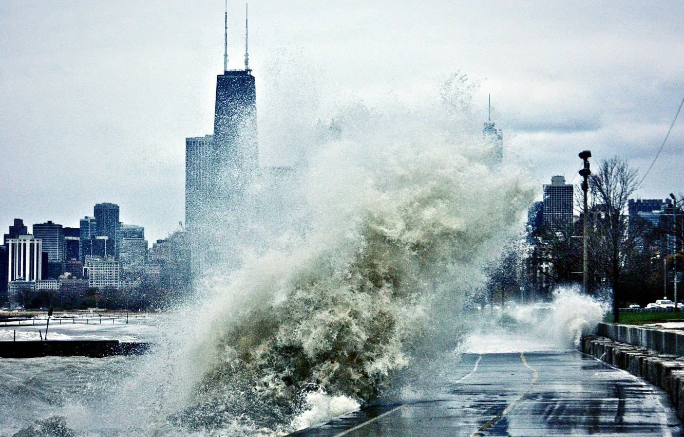 Фото обои волны, шторм, небоскребы, USA, чикаго, Chicago, мичиган