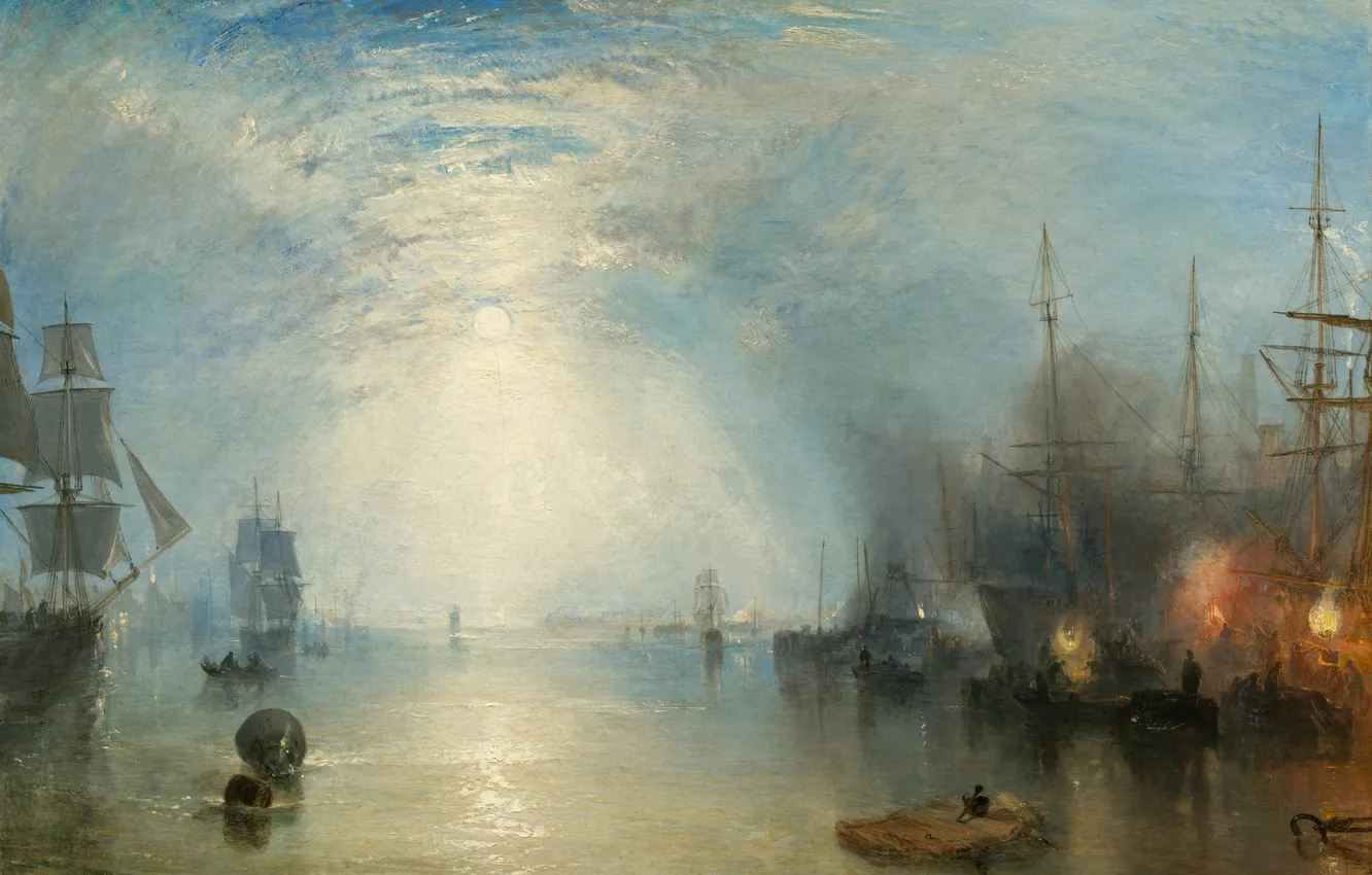 Фото обои небо, облака, корабли, картина, парус, морской пейзаж, Уильям Тёрнер, Keelmen Heaving in Coals by Moonlight