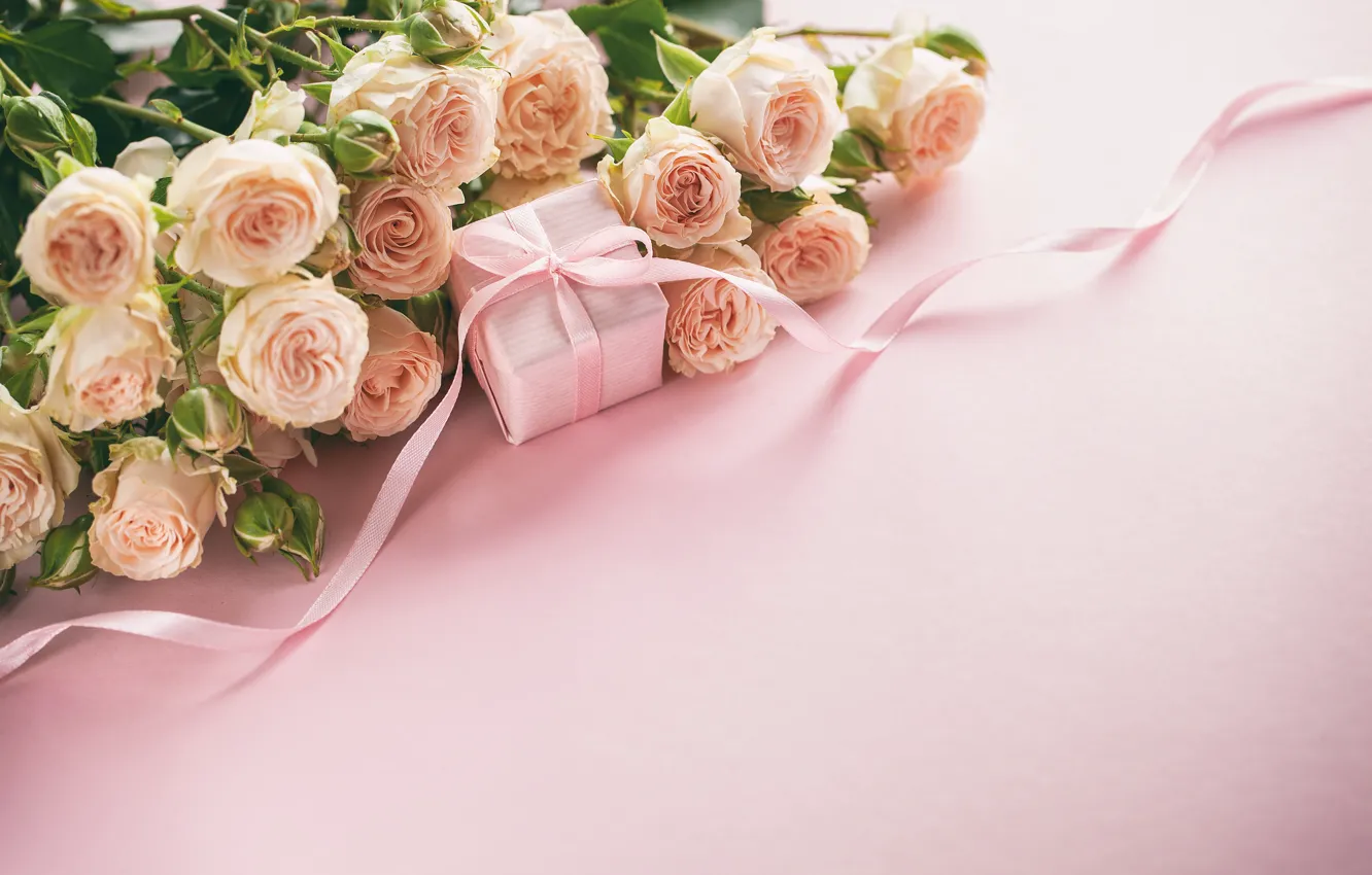 Фото обои подарок, розы, букет, лента