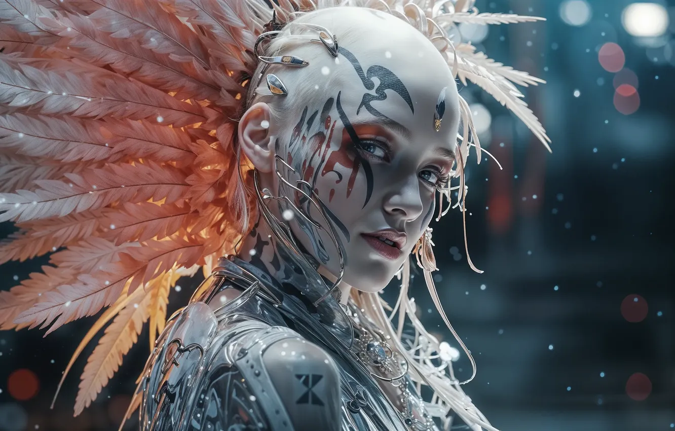 Фото обои девушка, перья, тату, ИИ-арт, НЕЙРОСЕТЬ