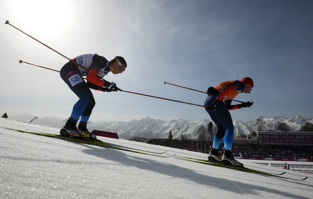 Фото обои гонка, спуск, трасса, лыжники, Россия, Russia, Сочи 2014, Sochi 2014