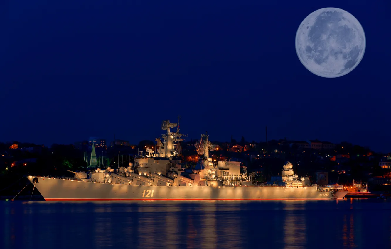 Фото обои ночь, Москва, крейсер, иллюминация