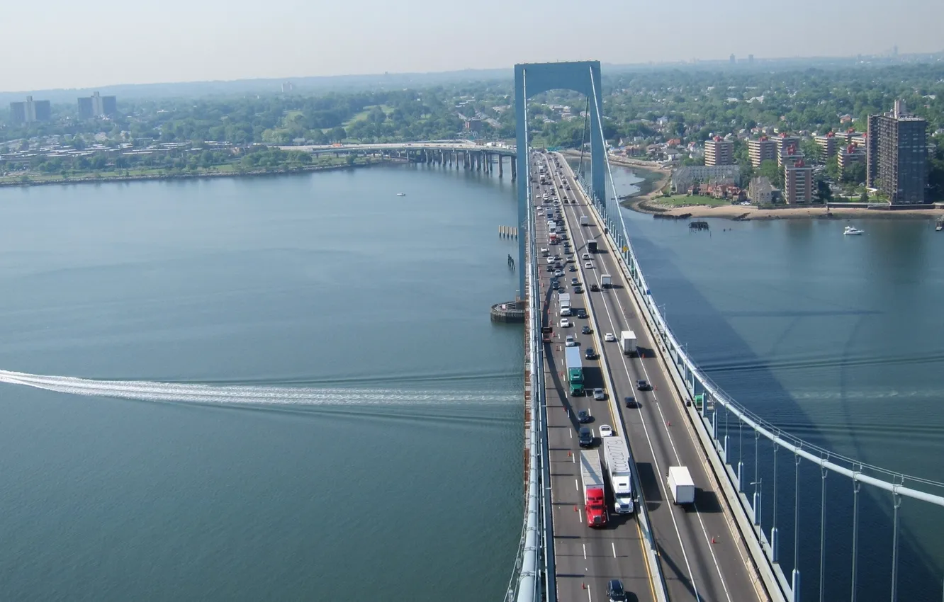 Фото обои машины, мост, река, Нью-Йорк, панорама, New York City, East River, Ист-Ривер
