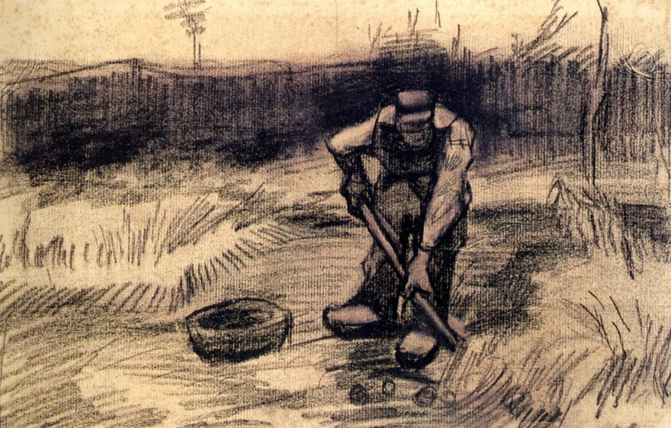 Фото обои рабочий, Винсент ван Гог, Peasant, Lifting Potatoes