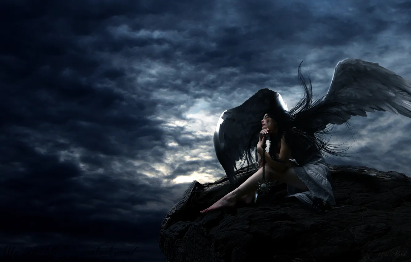 Фото обои небо, девушка, скала, крылья, ангел