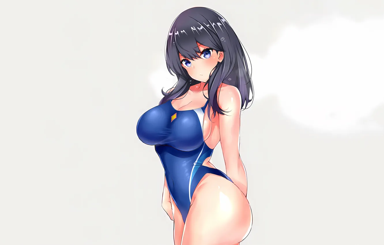 Фото обои girl, sexy, cleavage, long hair, boobs, anime, blue eyes, beautiful