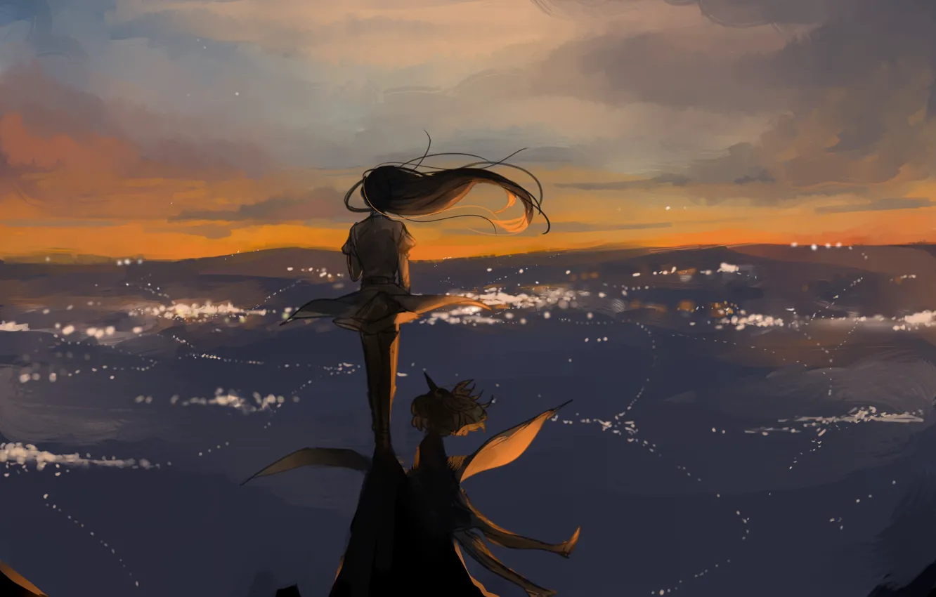 Фото обои небо, девушка, ветер, волосы, аниме, арт