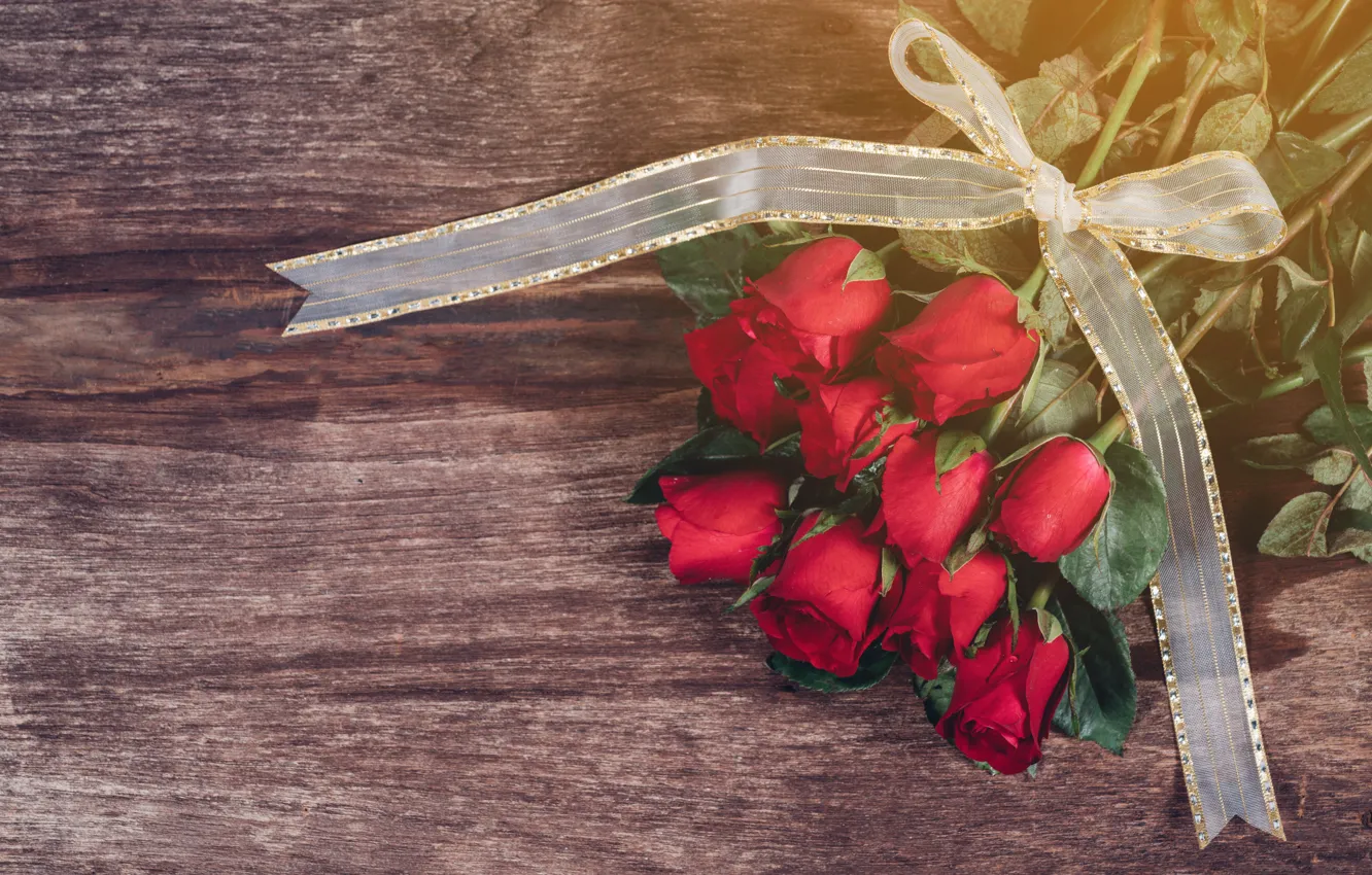 Фото обои цветы, розы, букет, лента, красные, red, бант, бутоны