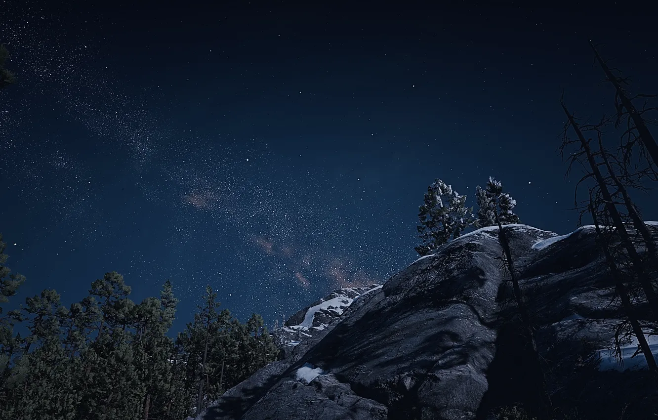 Фото обои HDR, Sky, Stars, Mountain, Night, Game, Milky Way, Trees