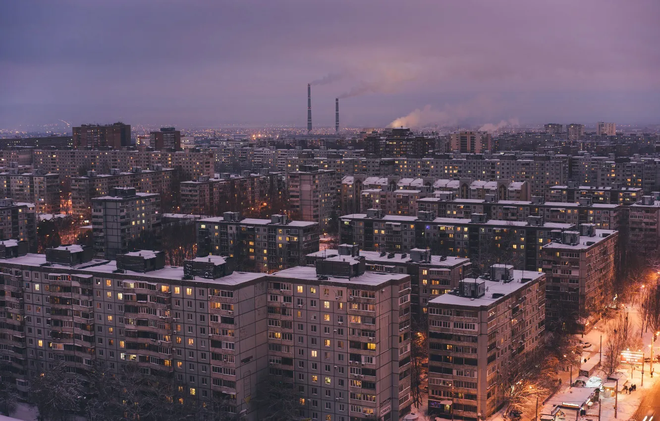 Фото обои зима, небо, снег, город, здания, дома, архитектура