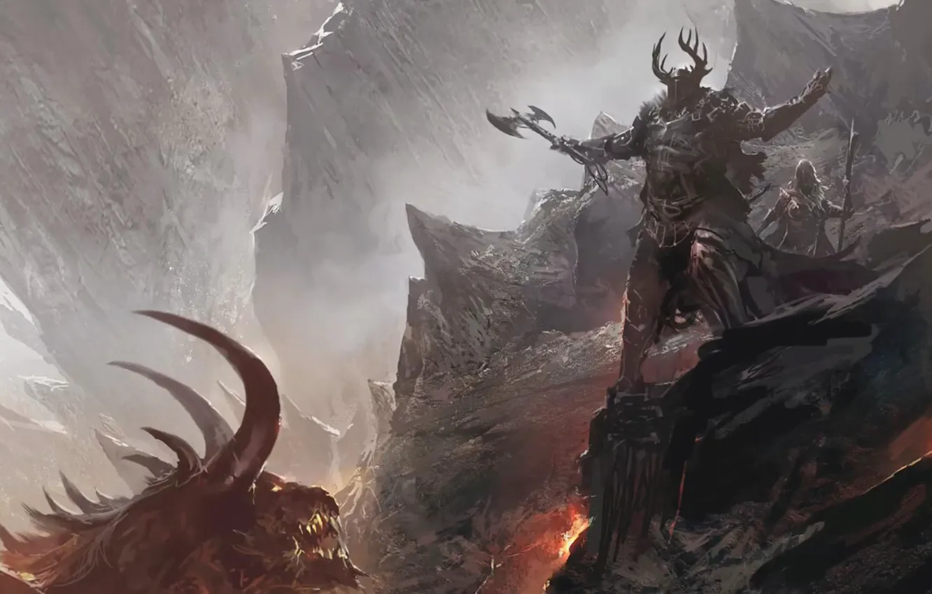 Фото обои горы, демон, лава, шлем, топор, воины, рогатый