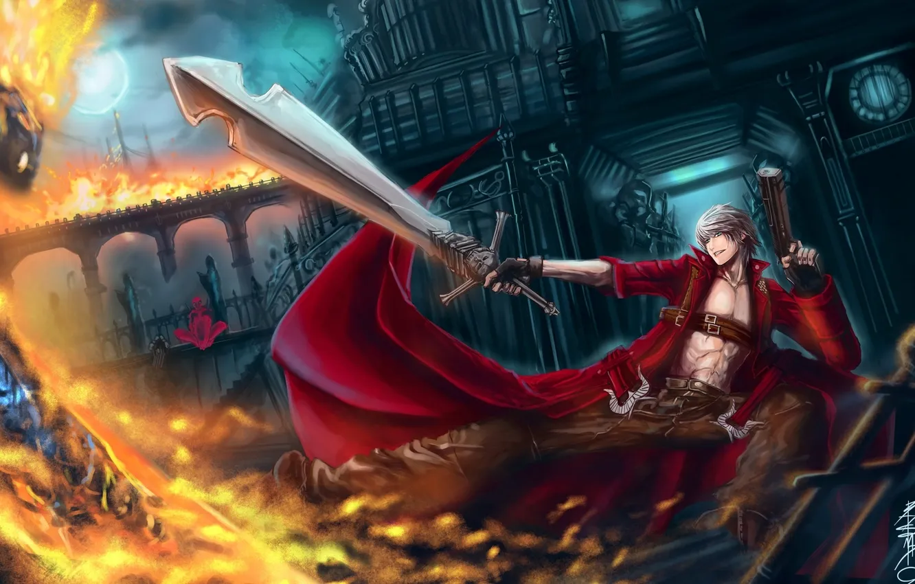 Фото обои пистолеты, меч, sword, anime, Dante, красный плащ, Данте, game wallpapers