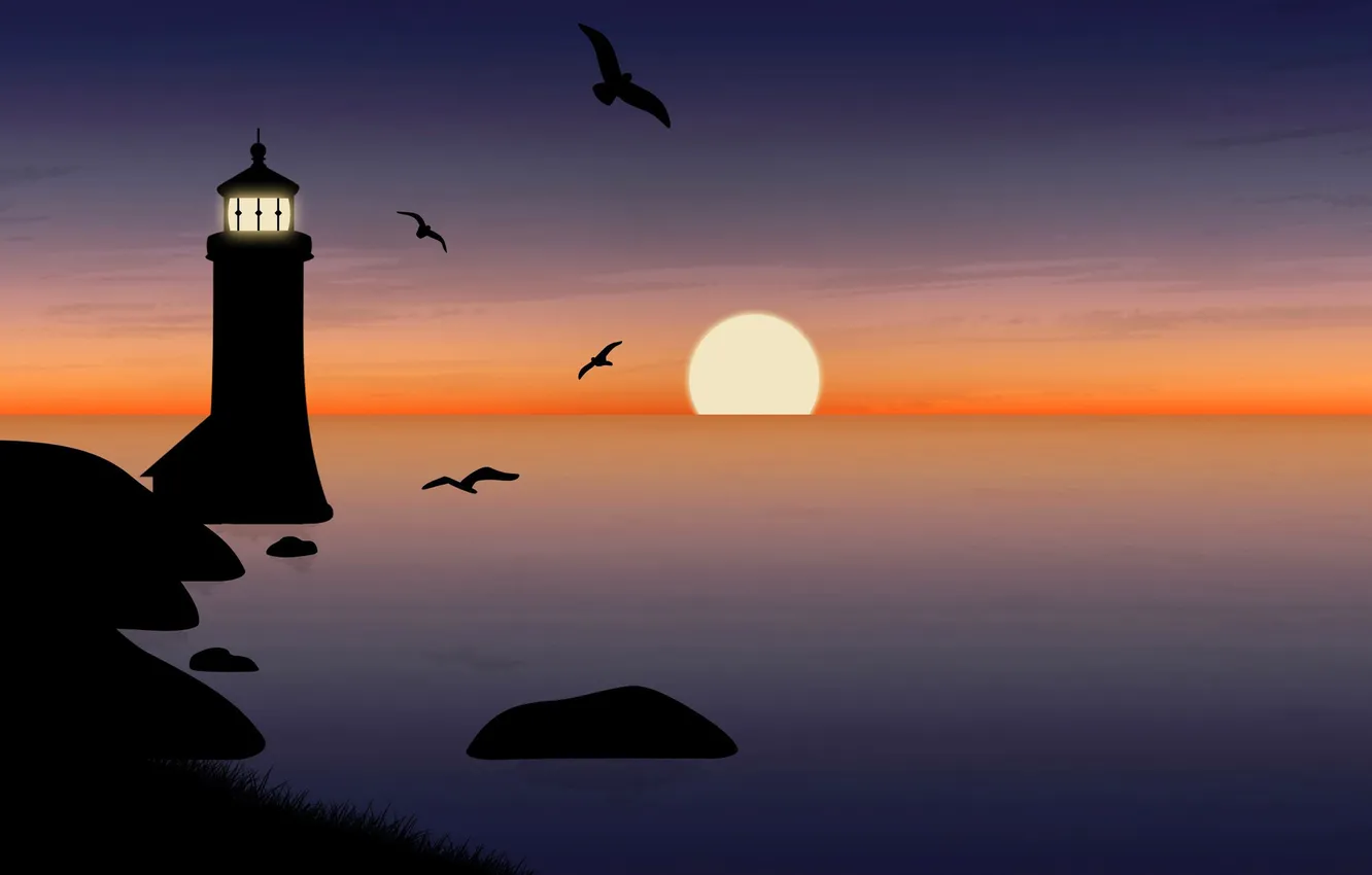 Фото обои море, небо, солнце, закат, птицы, маяк, вектор, горизонт