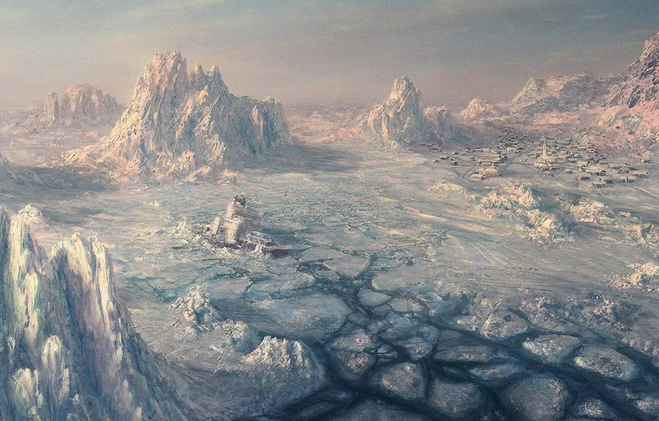 Фото обои лед, снег, горы, корабль, крушение, деревня
