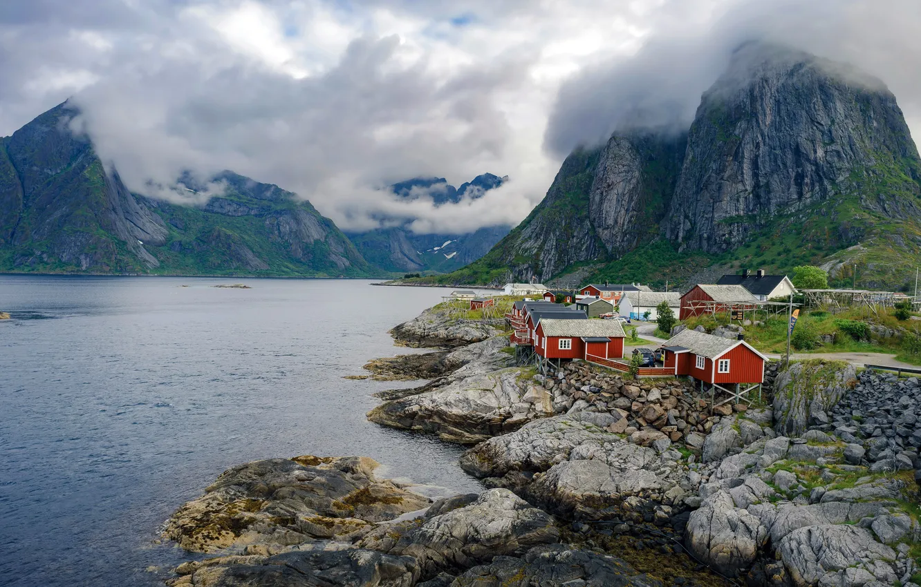 Фото обои Горы, Туман, Пирс, Деревня, Норвегия, Mountains, Norway, Fog