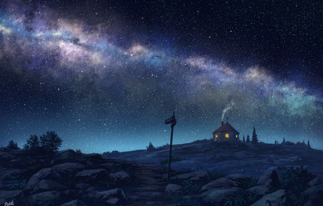 Фото обои ночь, дом, млечный путь, звёздное небо
