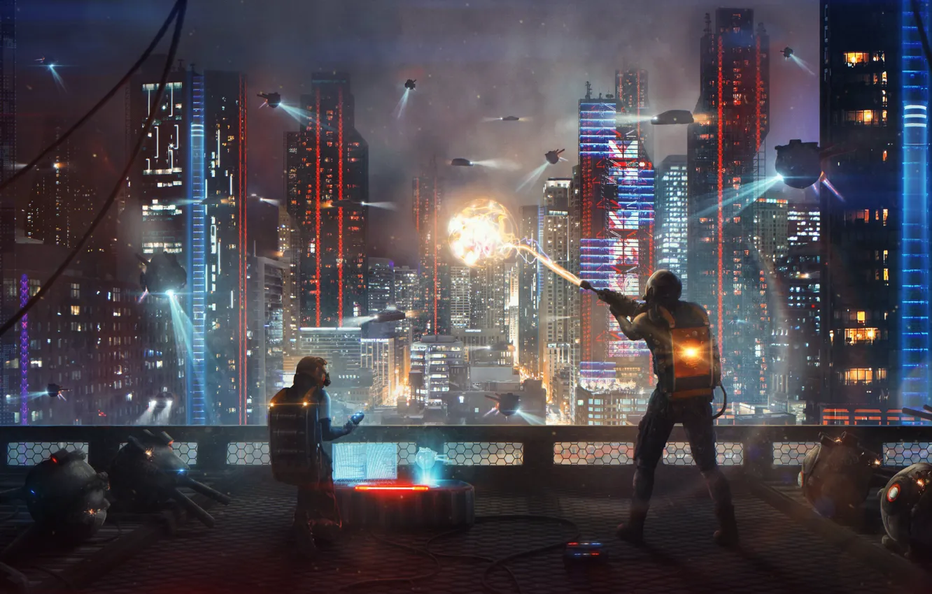 Фото обои ночь, city, город, фантастика, киберпанк, night, science fiction, дрон