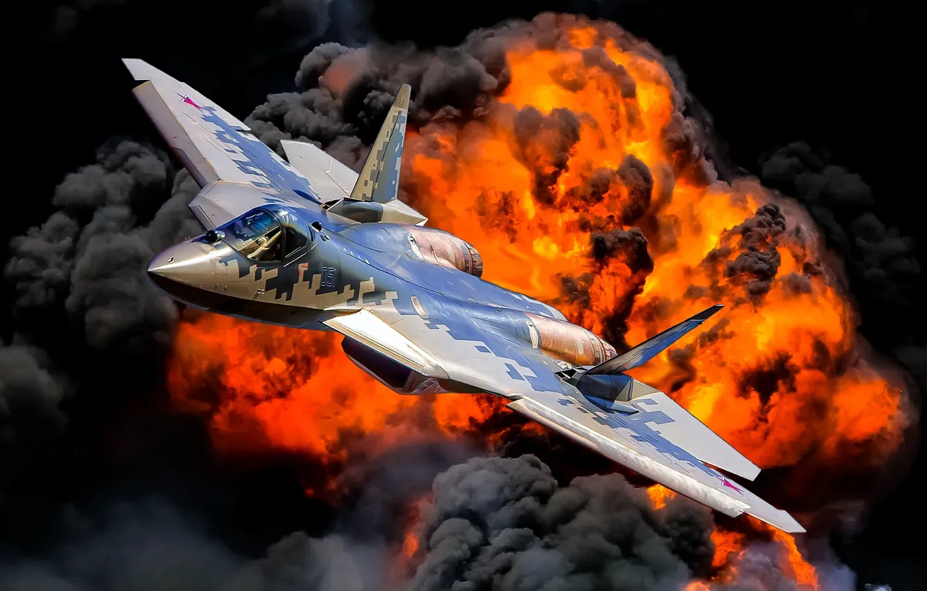 Фото обои взрыв, огонь, пламя, многоцелевой истребитель, ВКС России, истребитель пятого поколения, Су-57, Su-57