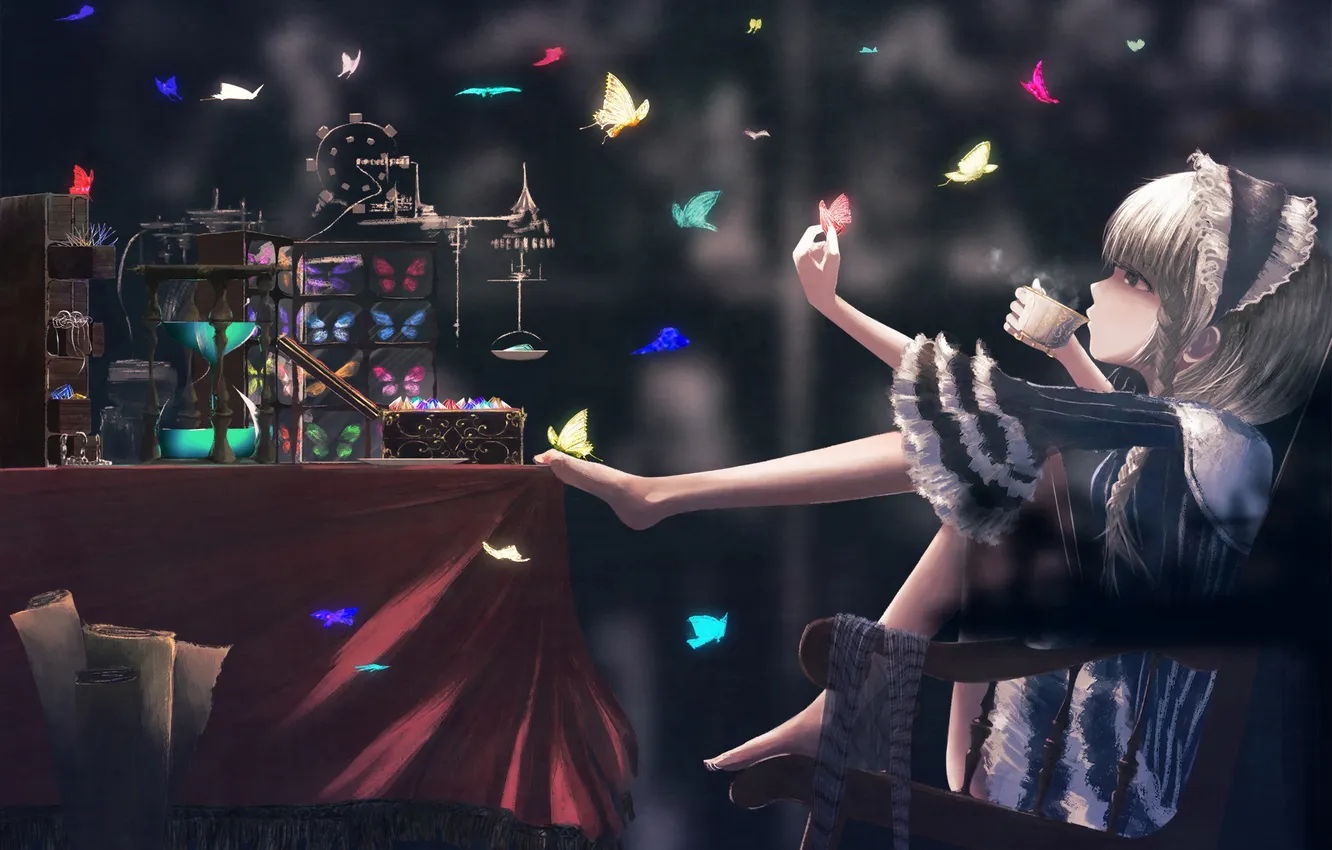 Фото обои девушка, бабочки, механизм, аниме, арт, пар, чашка, popopo5656