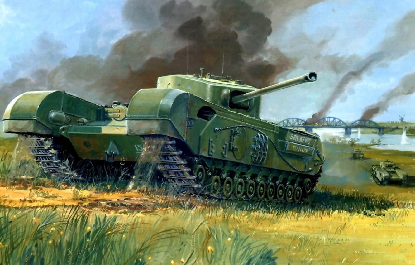 Фото обои мост, война, рисунок, танк, Черчилль, Mk IV, Пехотный танк