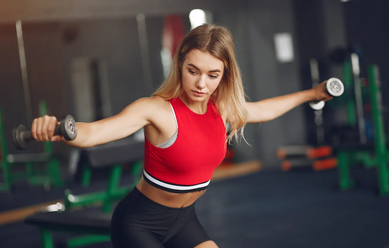 Фото обои woman, blonde, sports, gym, training, sportswear