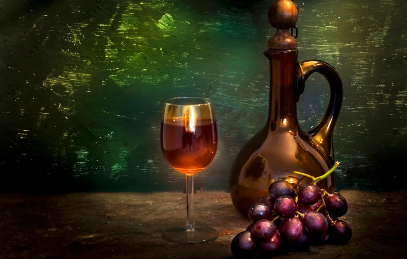 Фото обои бокал, бутылка, виноград, гроздь, Still life