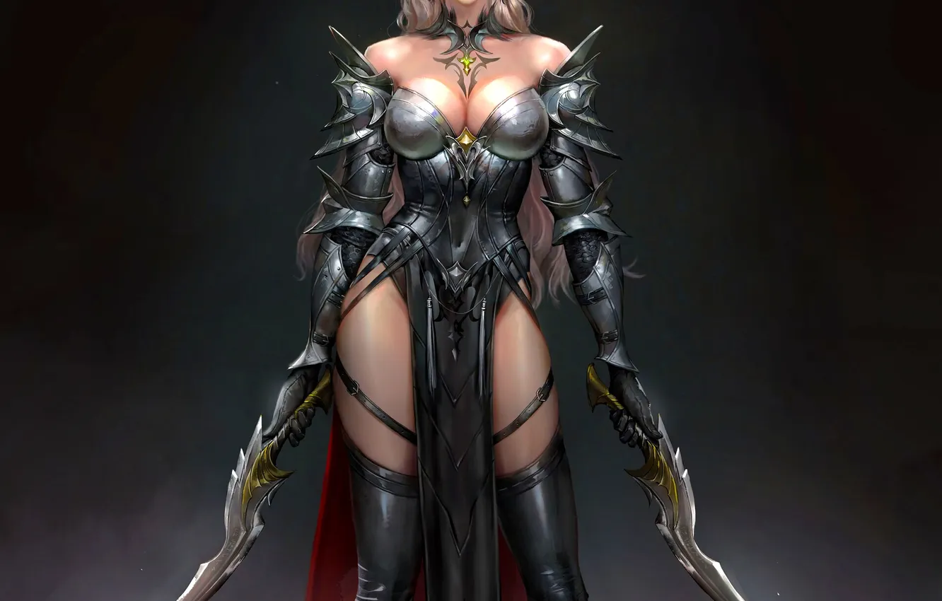 Фото обои dark, girl, sword, fantasy, cleavage, armor, red eyes, tattoo