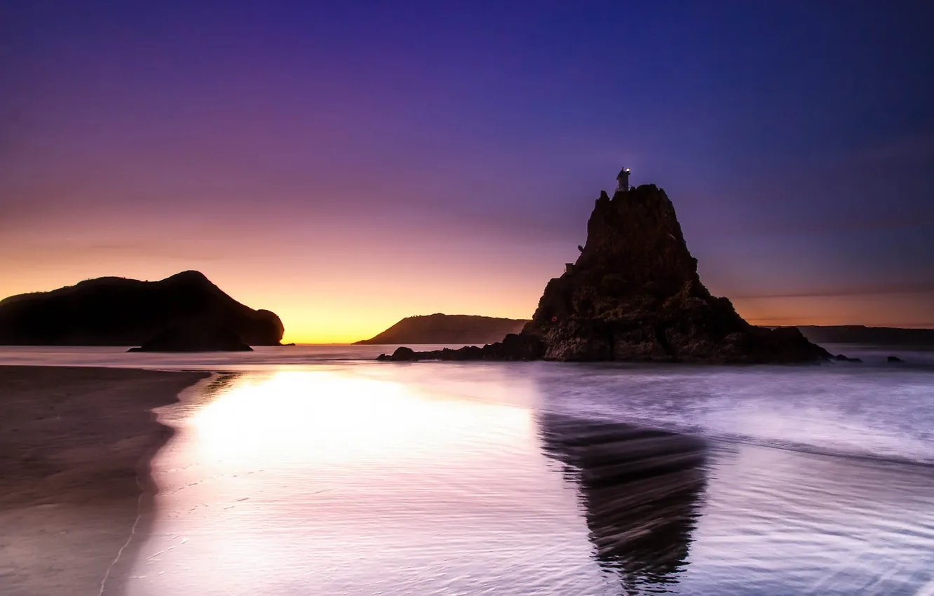 Фото обои пляж, скалы, рассвет, маяк, Новая Зеландия, Auckland, Whatipu
