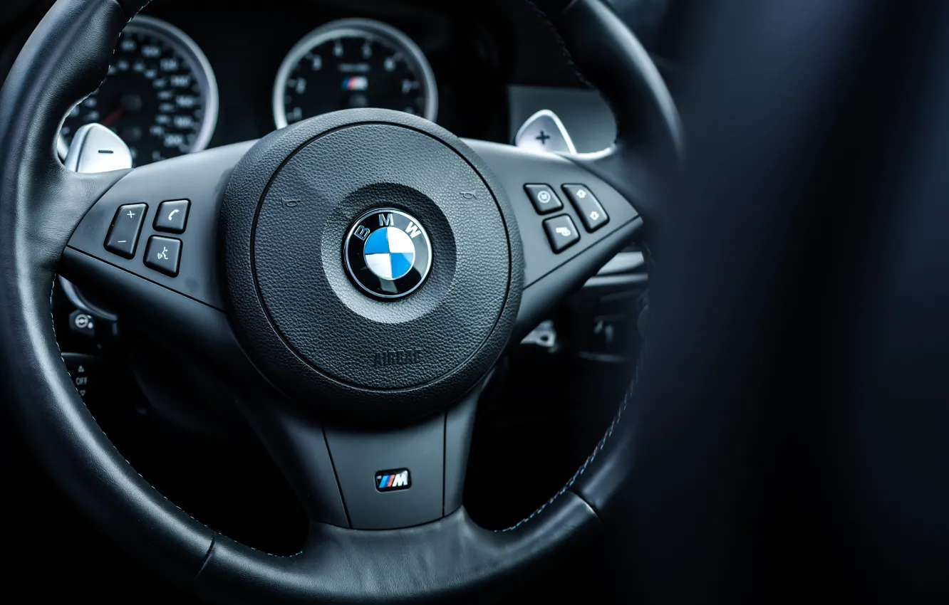 Фото обои BMW, logo, E60, BMW M5, steering wheel, M5