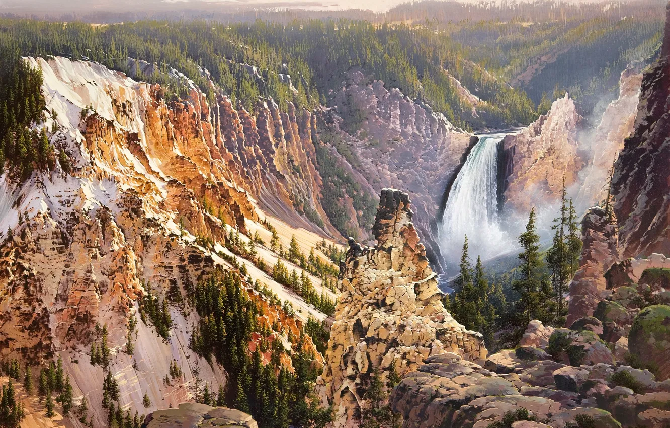 Фото обои природа, гора, водопад, живопись, Bruce Cheever, Power And Grace Lower Falls Of The Yellowstone, желтые …