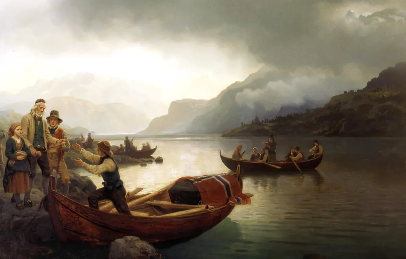 Фото обои облака, пейзаж, горы, озеро, люди, лодка, картина, жанр