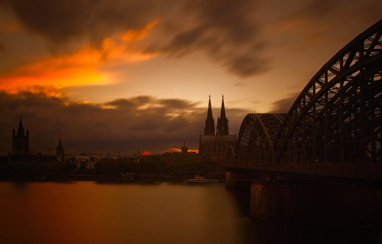 Фото обои небо, пейзаж, мост, река, вечер, Германия, собор, Кёльн