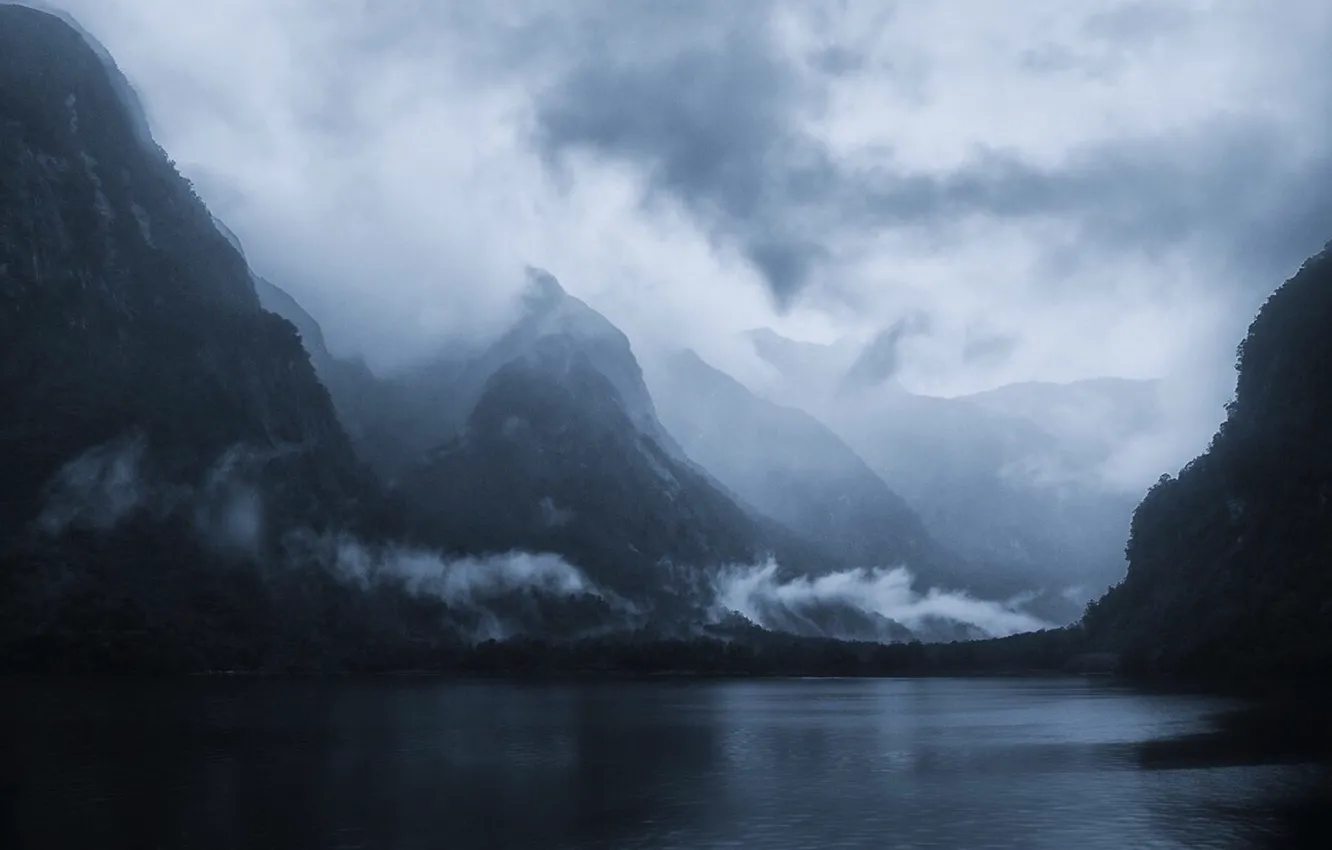 Фото обои море, небо, облака, деревья, горы, природа, туман, фьорд